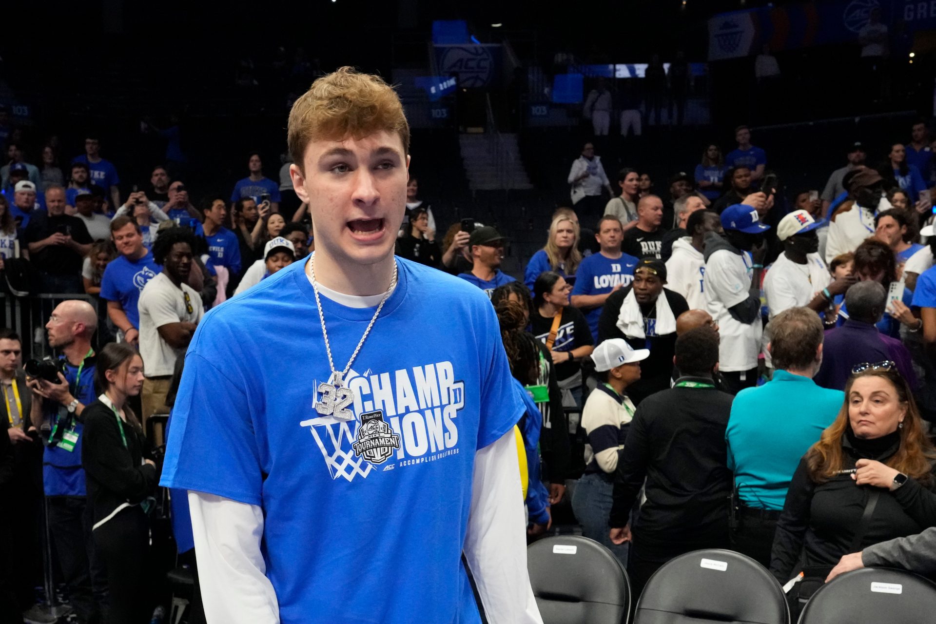 Duke Blue Devils forward Cooper Flagg (2) after the 2025 ACC Conference Championship game at Spectrum Center.