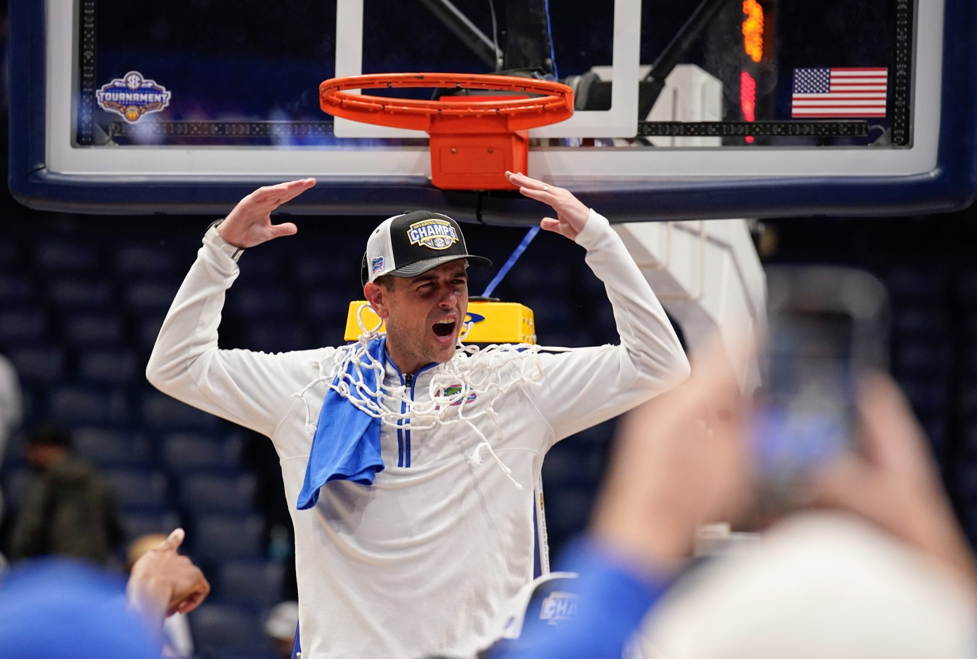 Florida head coach Todd Golden celebrates their win over Tennessee after the Southeastern Conference tournament championship at Bridgestone Arena in Nashville, Tenn., Sunday, March 16, 2025.