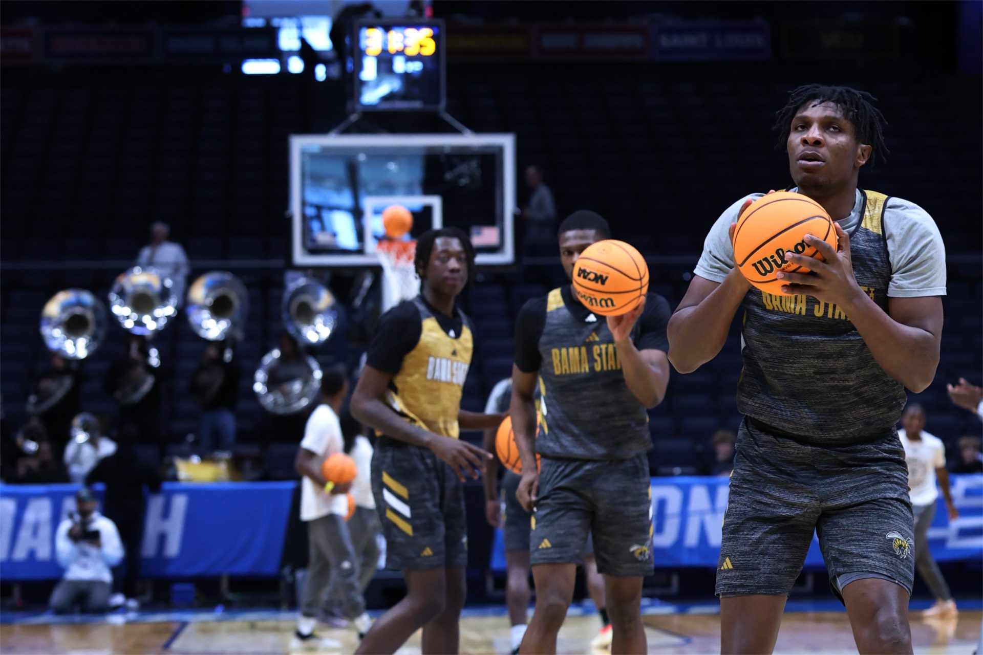 Alabama State Hornets center Ubong Okon (35) shoots the ball during the First Four Practice at UD Arena.