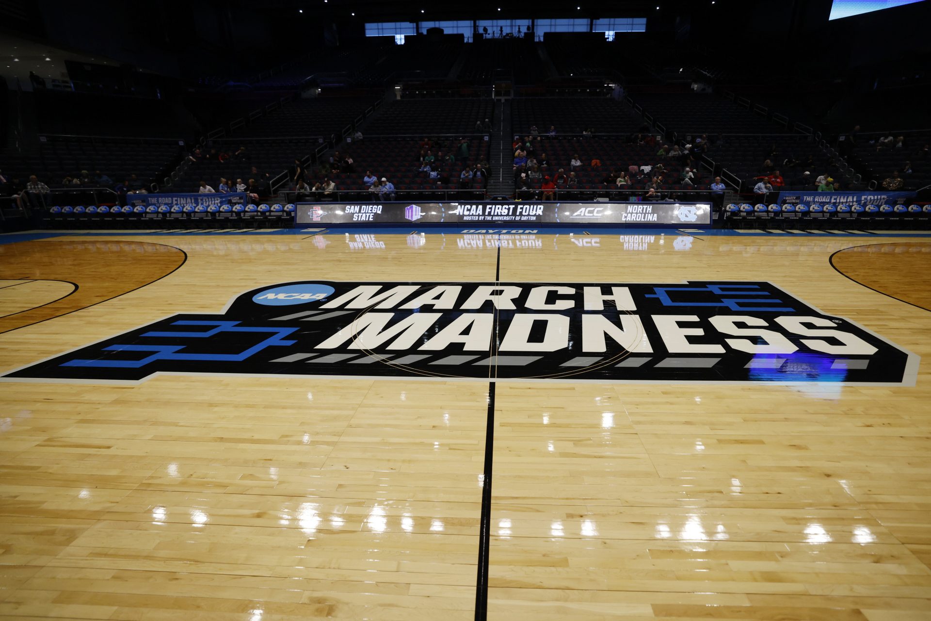 General view of the “March Madness” logo during the First Four Practice at UD Arena.