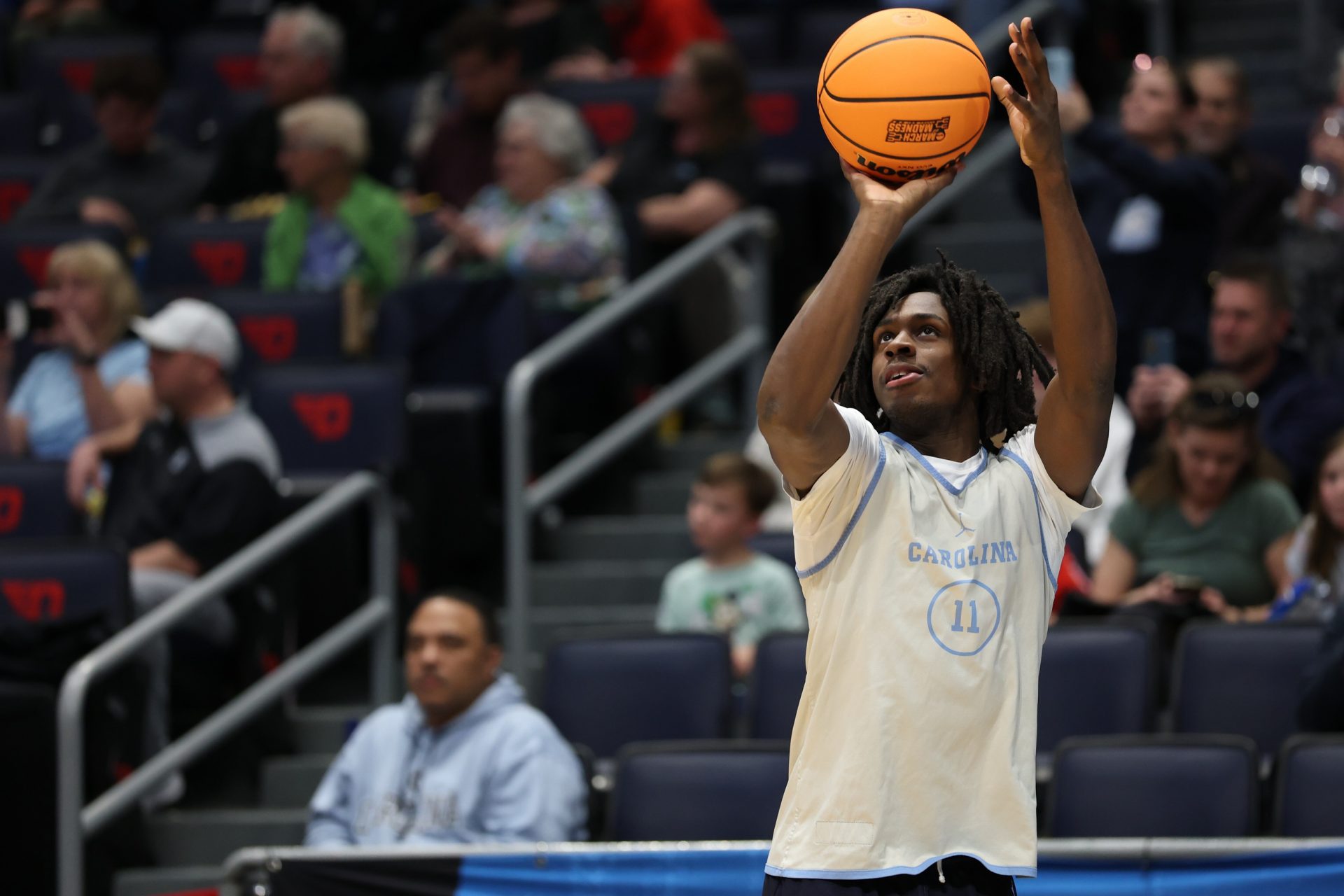 North Carolina Tar Heels guard Ian Jackson (11) shoots the ball during the First Four Practice at UD Arena.