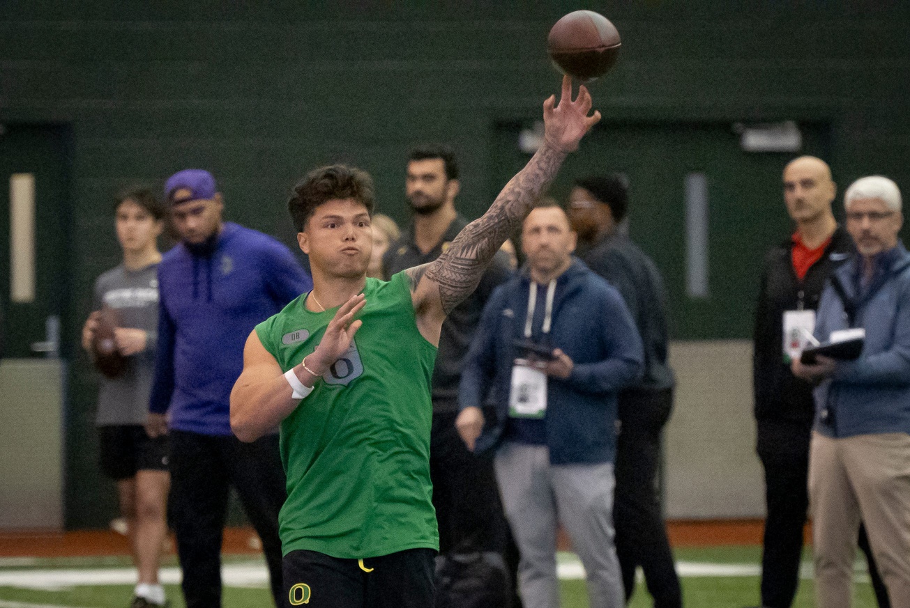 Oregon quarterback Dillon Gabriel throws out a pass during the Oregon football’s Pro Day Tuesday, March 18, 2025, at the Moshofsky Center in Eugene, Ore.