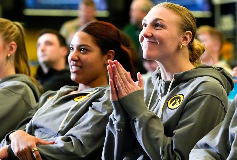 Iowa’s Sydney Affolter watches the bracket reveal for the NCAA Women’s Basketball Tournament with anticipation Sunday, March 16, 2025 at Carver-Hawkeye Arena in Iowa City, Iowa.