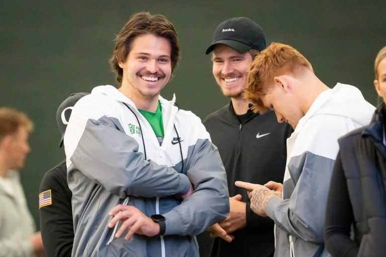Oregon tight end Patrick Herbert, left, and his brother Los Angeles Chargers quarterback and former Oregon quarterback Justin Herbert during the Oregon football’s Pro Day Tuesday, March 18, 2025, at the Moshofsky Center in Eugene, Ore.