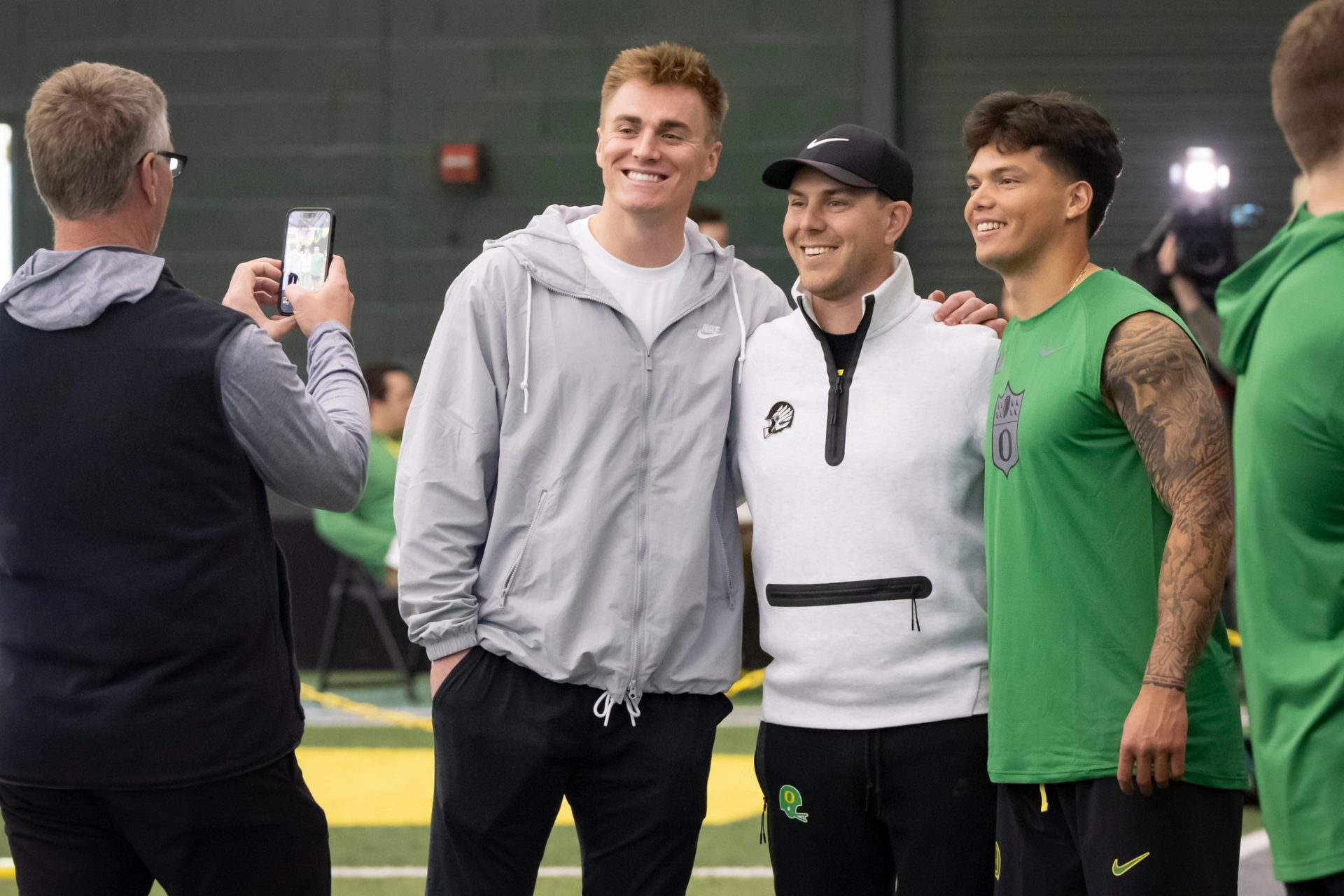 Denver Broncos quarterback Bo Nix, a former Oregon quarterback, left, and Oregon quarterback Dillon Gabriel