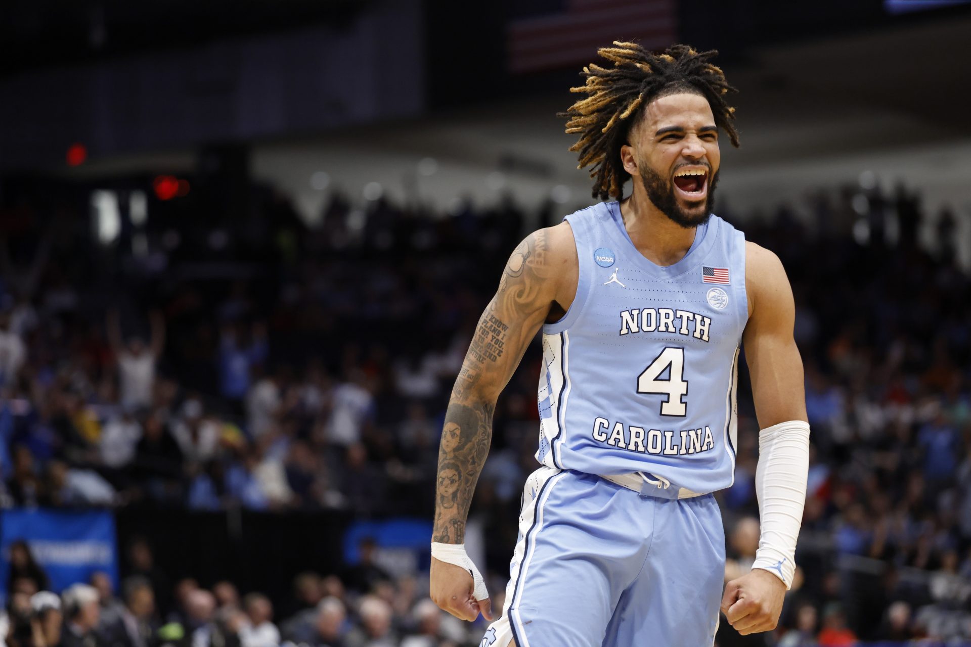 North Carolina Tar Heels guard RJ Davis (4) reacts in the first half against the San Diego State Aztecs at UD Arena.