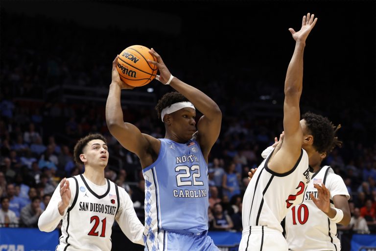 North Carolina Tar Heels forward Ven-Allen Lubin (22) plays the ball defended by San Diego State Aztecs guard Nick Boyd (2) in the second half at UD Arena.