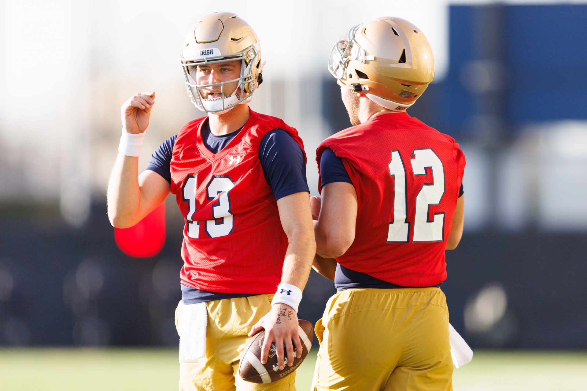 Notre Dame quarterbacks CJ Carr (13) and Blake Hebert (12) during a Notre Dame football spring practice at Irish Athletic Center