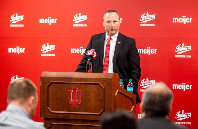 Indiana University men's basketball Head Coach Darian DeVries speaks at the introductory press conference at Simon Skjodt Assembly Hall