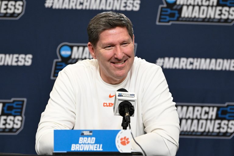 Clemson Tigers head coach Brad Brownell speaks to the media during a press conference at Amica Mutual Pavilion.