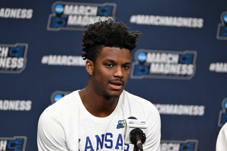 Kansas Jayhawks forward KJ Adams Jr. (24) speaks to the media during a press conference at Amica Mutual Pavilion. Mandatory
