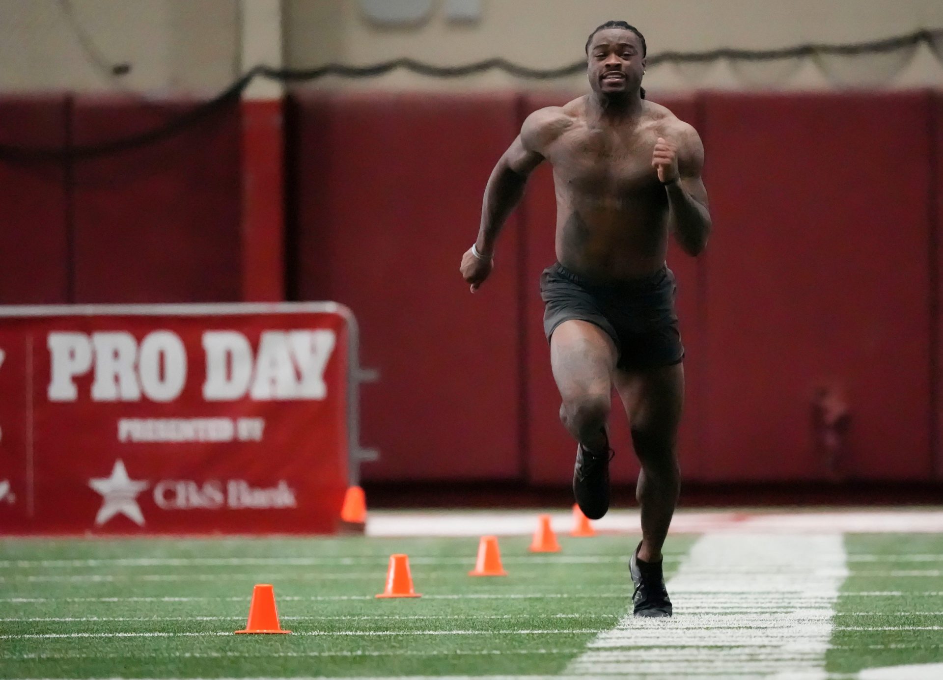 Quarterback Jalen Milroe runs the 40 yard dash at the University of Alabama Pro Day