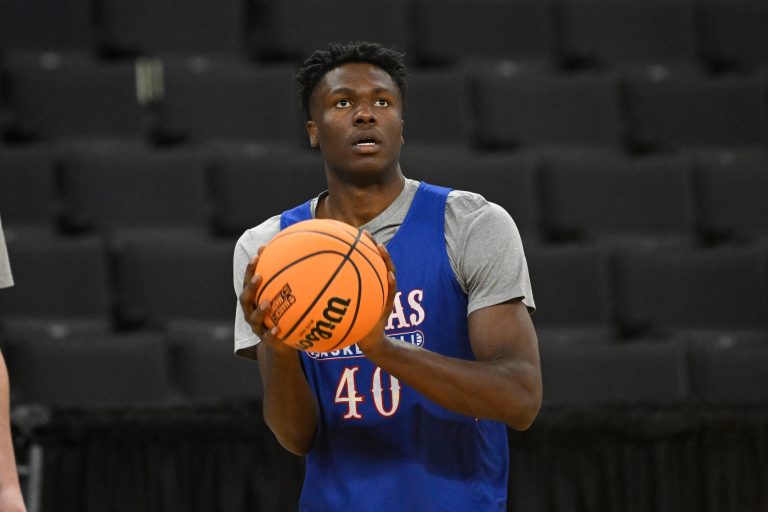 Kansas Jayhawks forward Flory Bidunga (40) practices at Amica Mutual Pavilion.