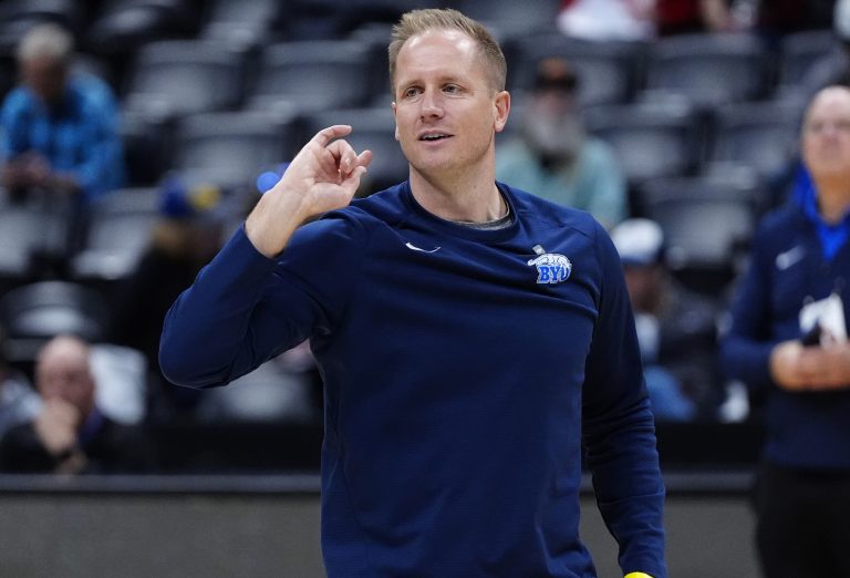 Brigham Young Cougars head coach Kevin Young during practice at Ball Arena.