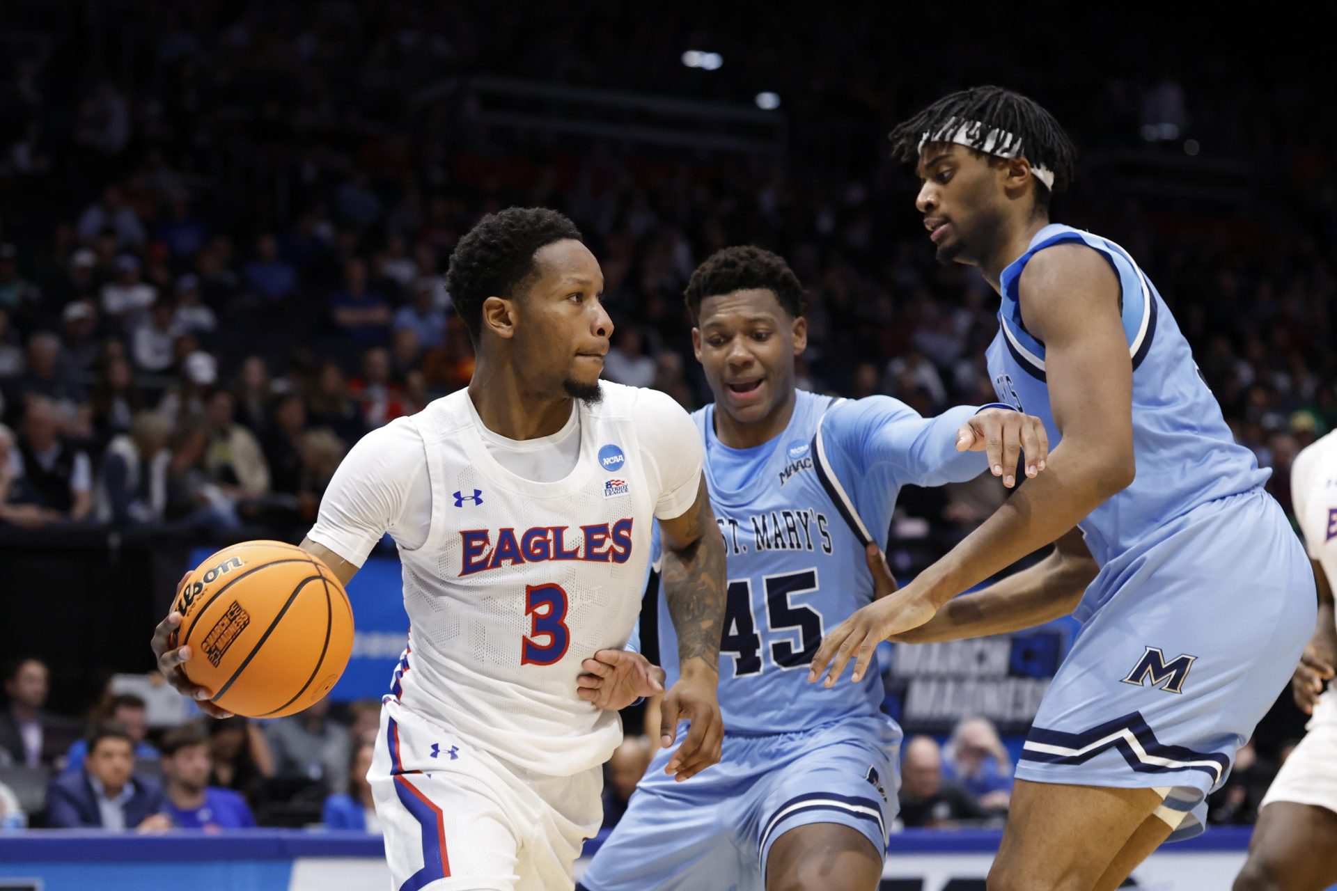 American University Eagles guard Colin Smalls (3) plays the ball in the second half against the Mount St. Mary's Mountaineers at UD Arena.