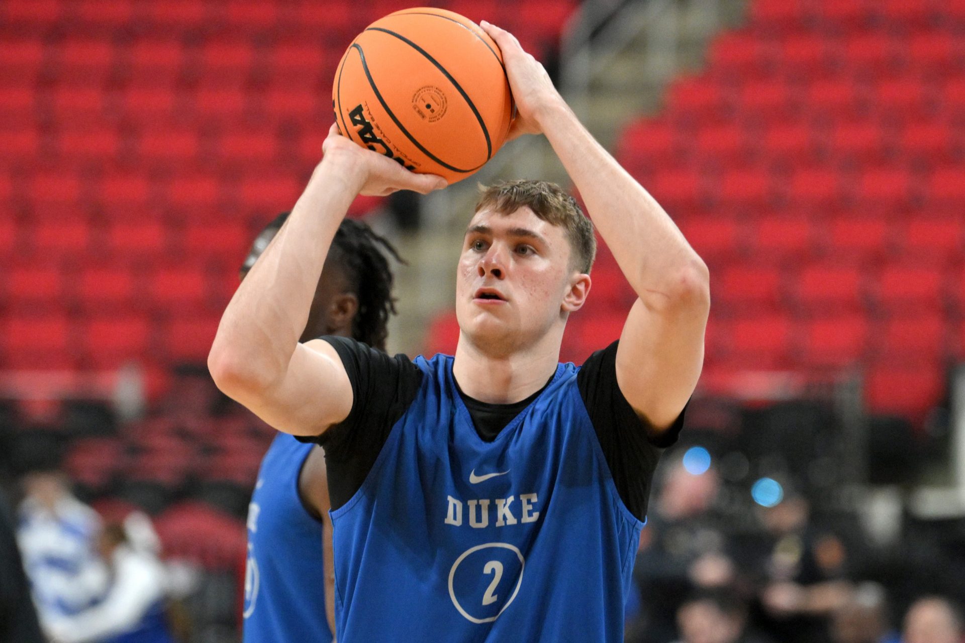 Duke Blue Devils forward Cooper Flagg (2) shoots the ball during the NCAA pre tournament practice at Lenovo Center at Lenovo Center.