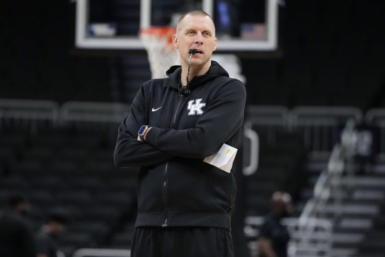Kentucky Wildcats head coach Mark Pope looks on during NCAA Tournament First Round Practice at Fiserv Forum.