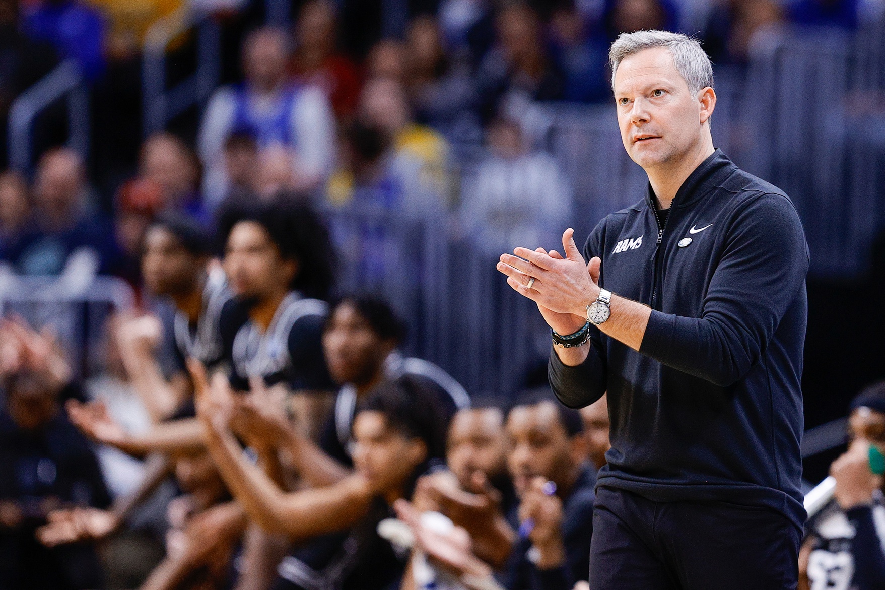 VCU Rams head coach Ryan Odom reacts during the first half against the Brigham Young Cougars in the first round of the NCAA Tournament at Ball Arena.