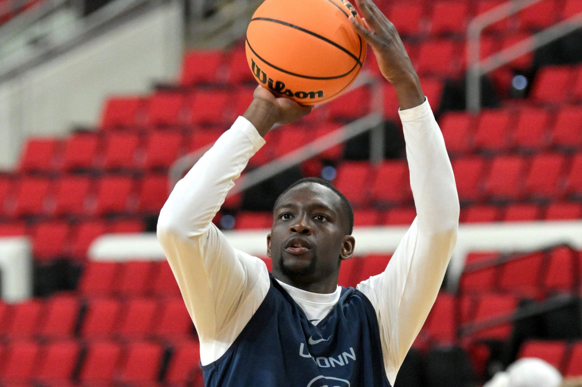 UConn basketball guard Hassan Diarra (10) shoots during the NCAA pre tournament practice at Lenovo Center.