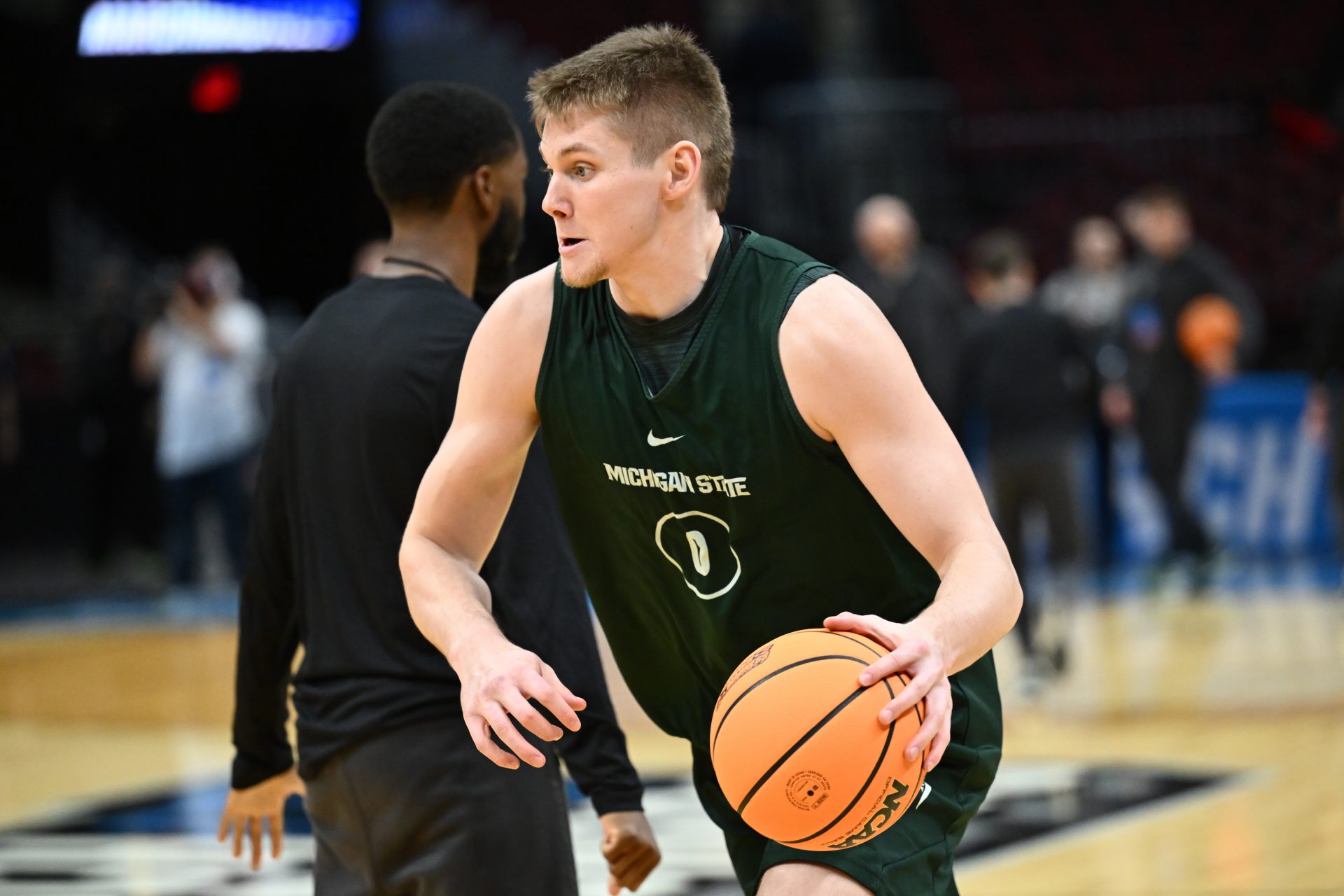 Michigan State Spartans forward Jaxon Kohler (0) drives to the basket during practice at Rocket Arena.