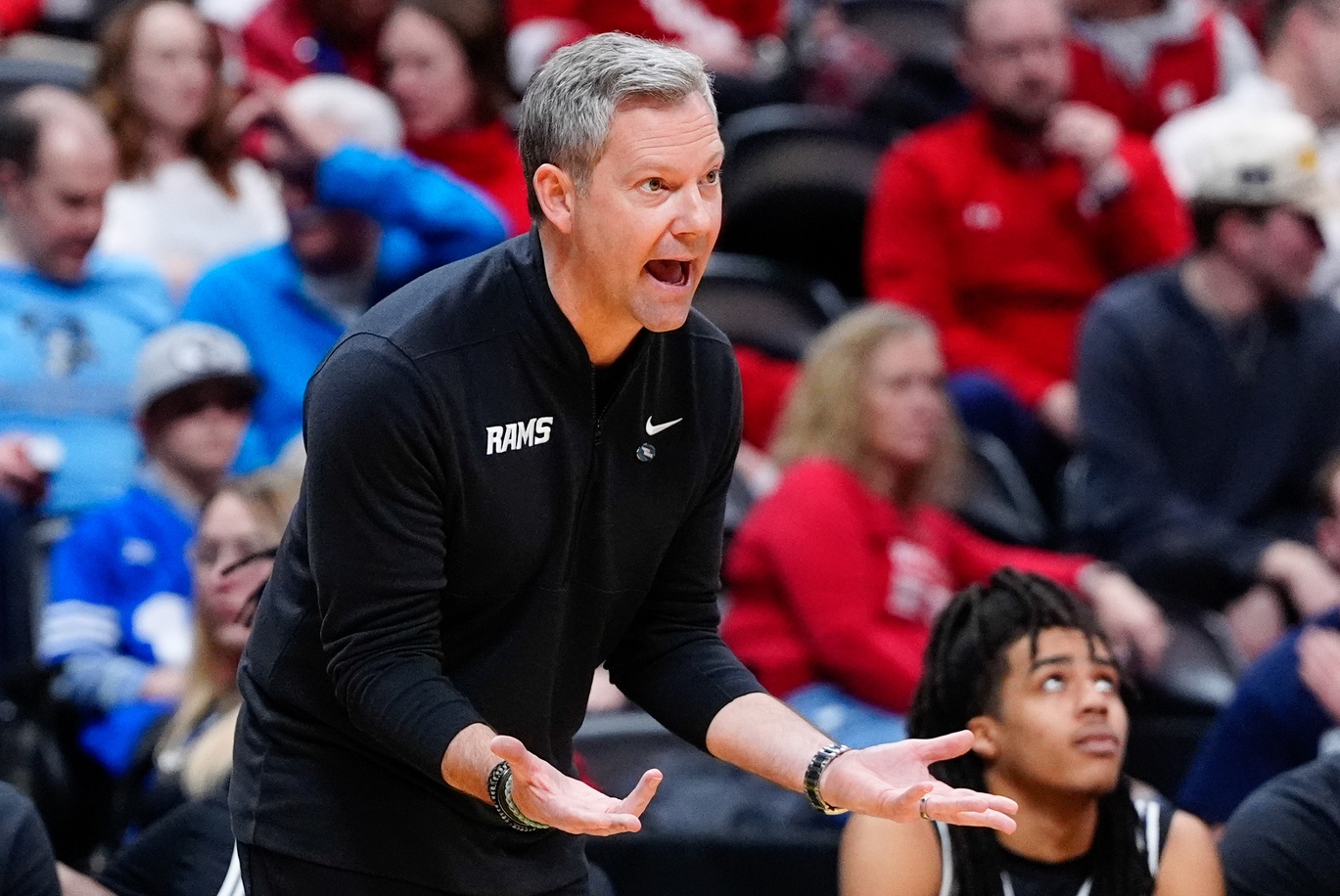 VCU Rams head coach Ryan Odom reacts during the first half against the Brigham Young Cougars in the first round of the NCAA Tournament at Ball Arena.