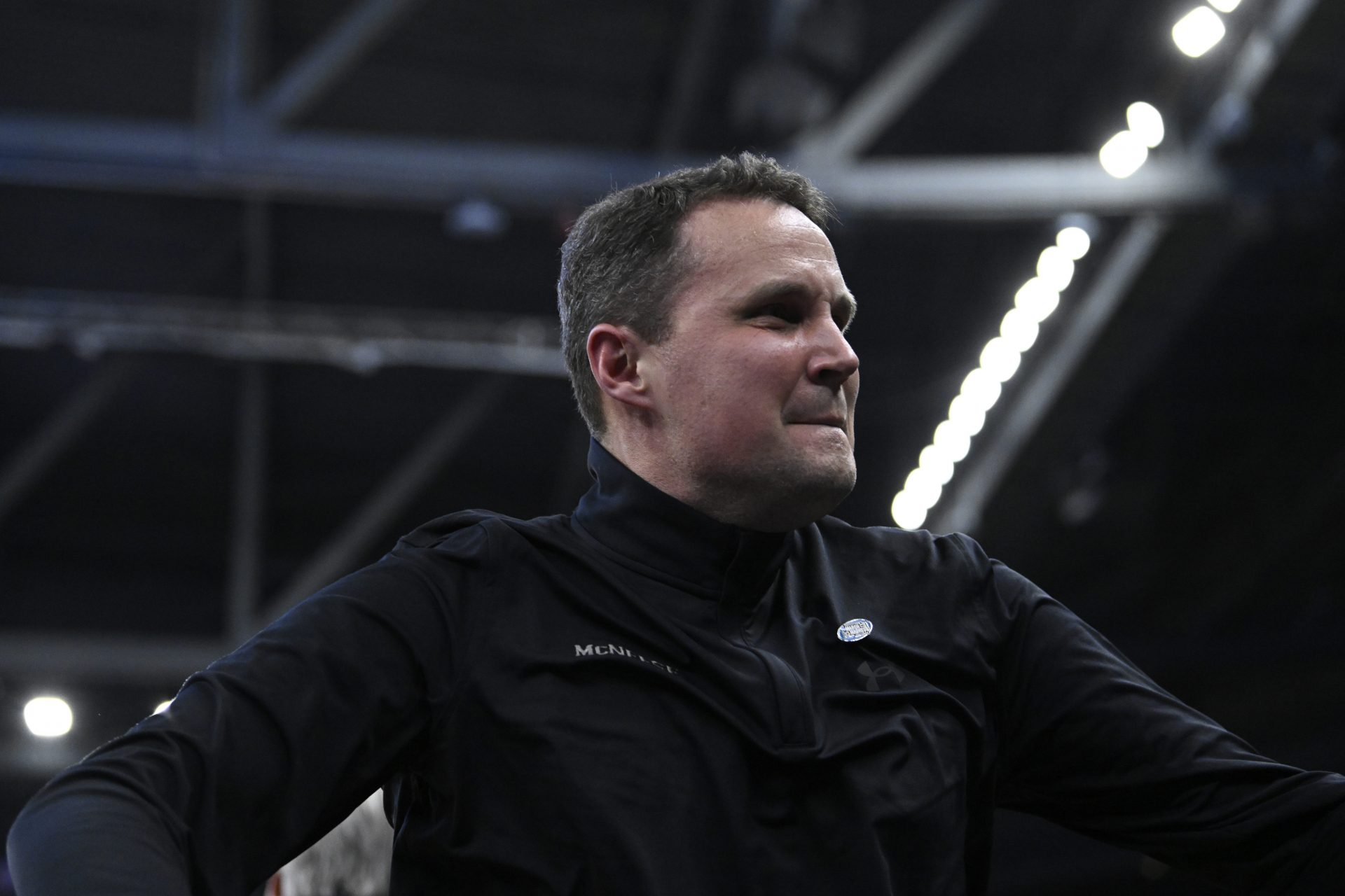 McNeese State Cowboys head coach Will Wade celebrates after defeating the Clemson Tigers at Amica Mutual Pavilion.