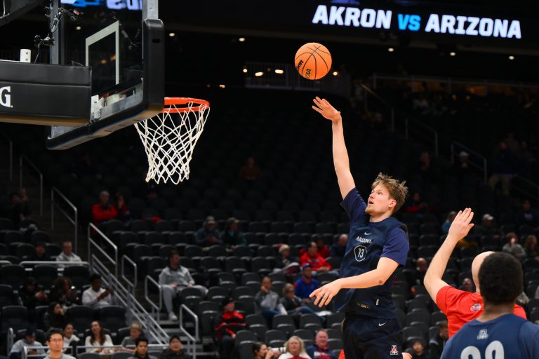 Arizona Wildcats forward Henri Veesaar (13) shoots the ball during practice at Climate Pledge Arena.