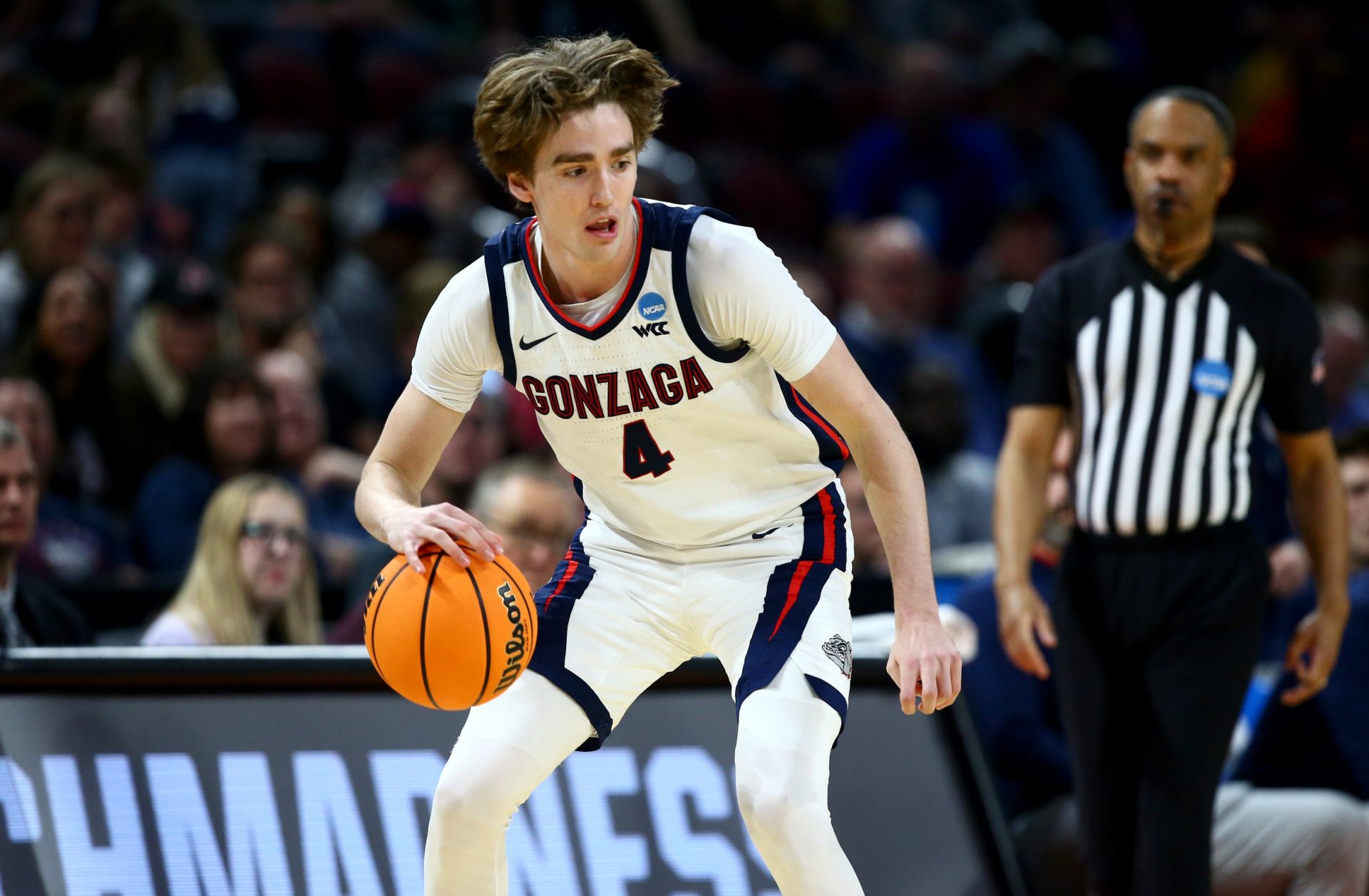 Gonzaga Bulldogs guard Dusty Stromer (4) dribbles in the second half of a first round men’s NCAA Tournament game against the Georgia Bulldogs at Intrust Bank Arena.