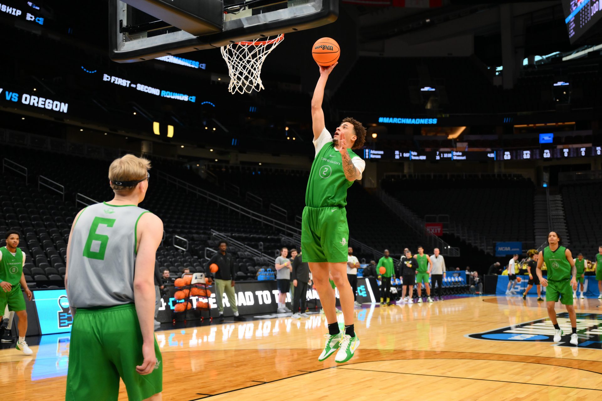 Oregon Ducks guard Jadrian Tracey (2) shoots the ball during practice at Climate Pledge Arena.