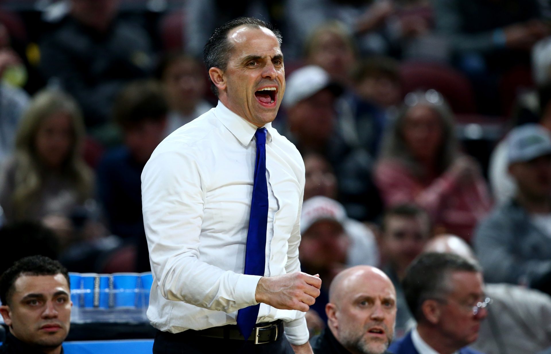 Drake Bulldogs head coach Ben McCollum in the first half of a first round men’s NCAA Tournament game against the Missouri Tigers at Intrust Bank Arena.