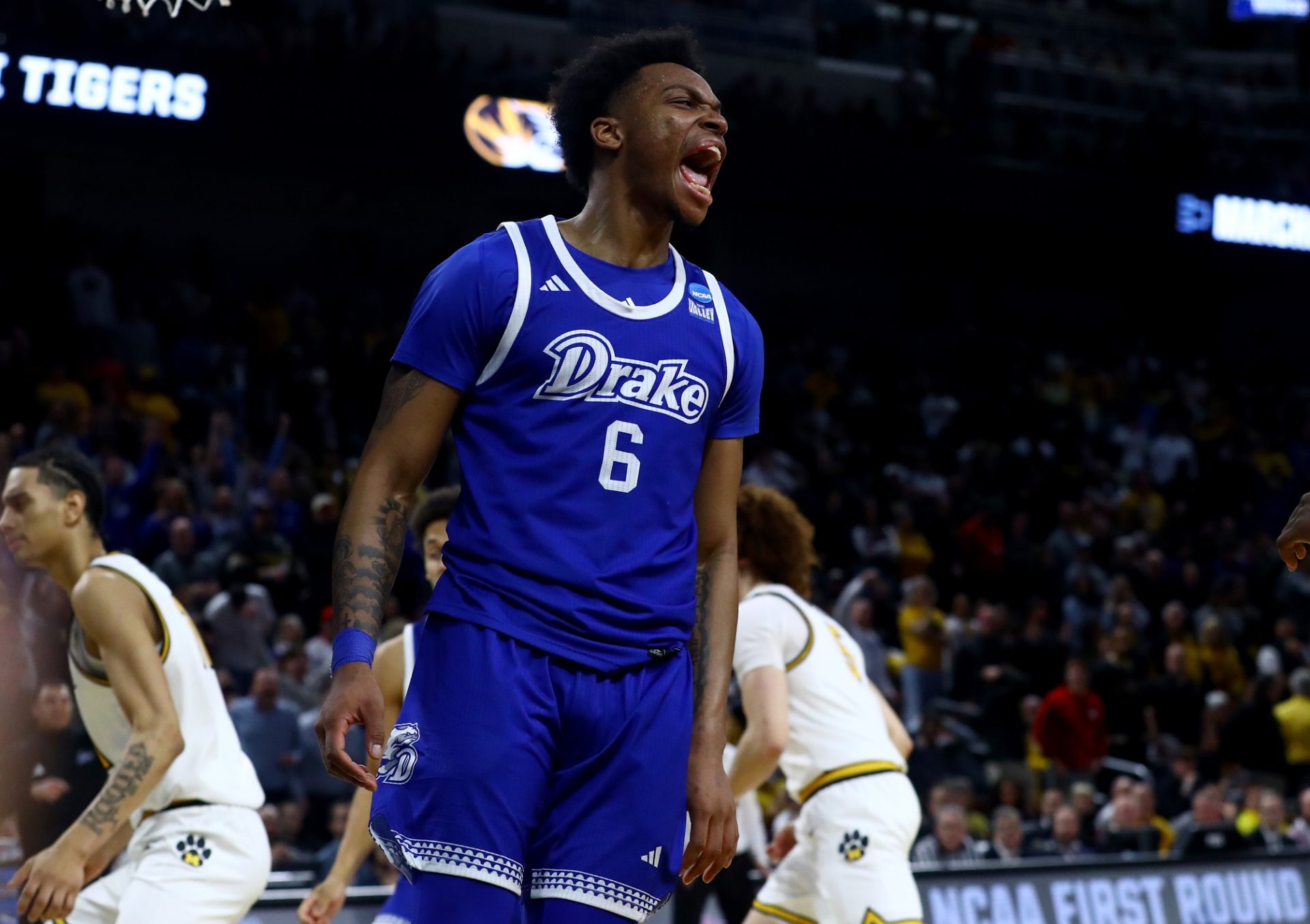 Drake Bulldogs guard Tavion Banks (6) celebrates after a basket in the second half of a first round men’s NCAA Tournament game against the Missouri Tigers