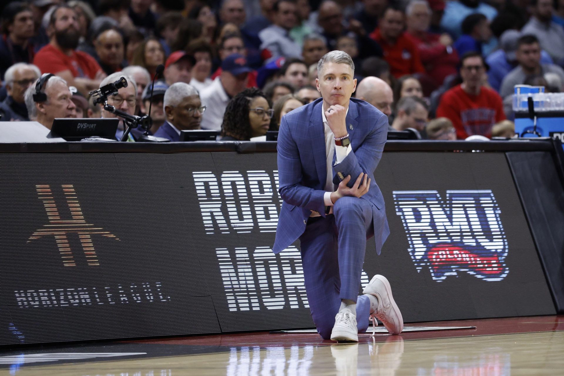 Robert Morris Colonials head coach Andrew Toole reacts in the second half against the Alabama Crimson Tide during the NCAA Tournament First Round at Rocket Arena.