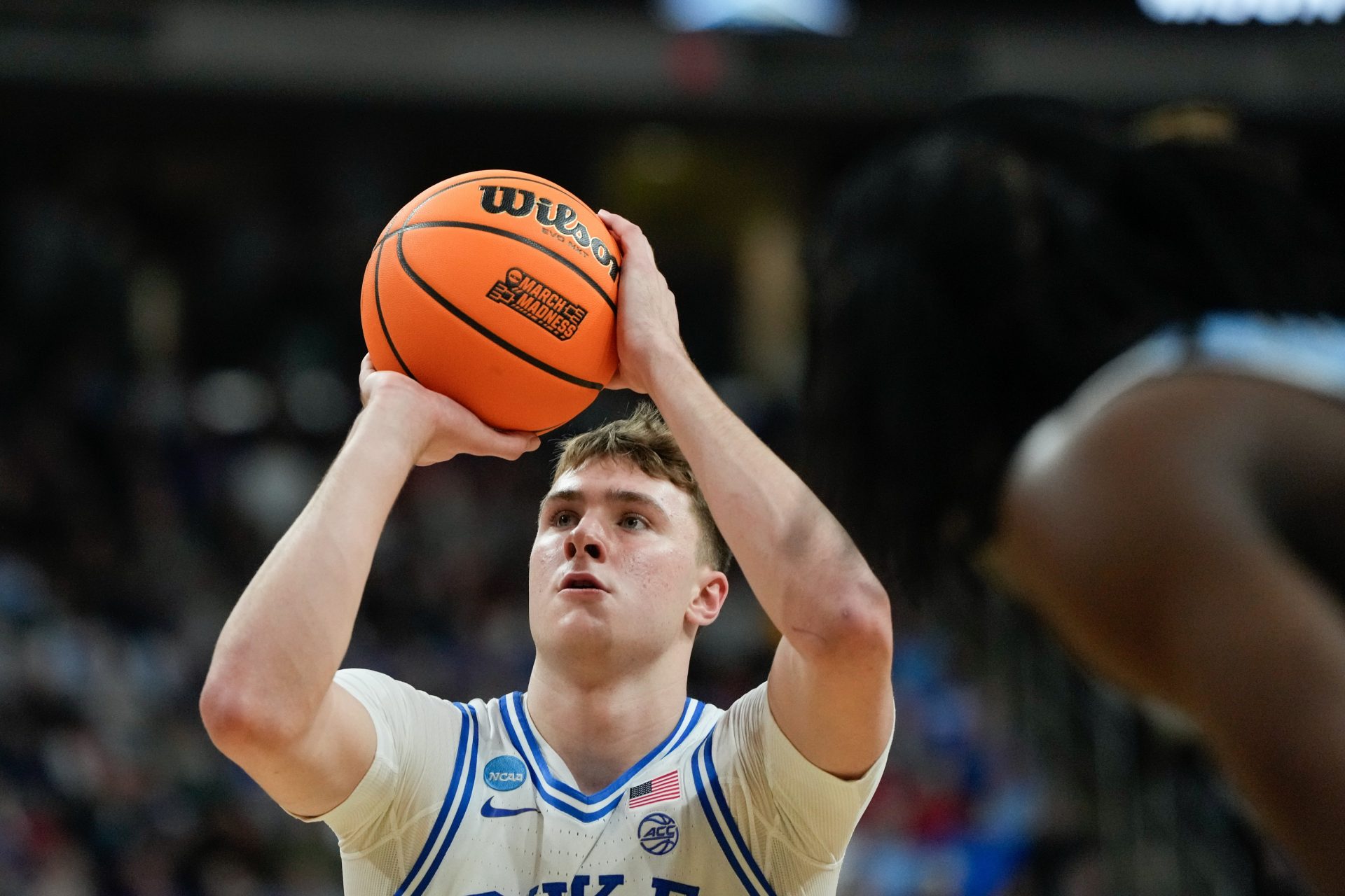 Duke Blue Devils forward Cooper Flagg (2) shoots a free throw against the Mount St. Mary's Mountaineers during the first half in the first round of the NCAA Tournament