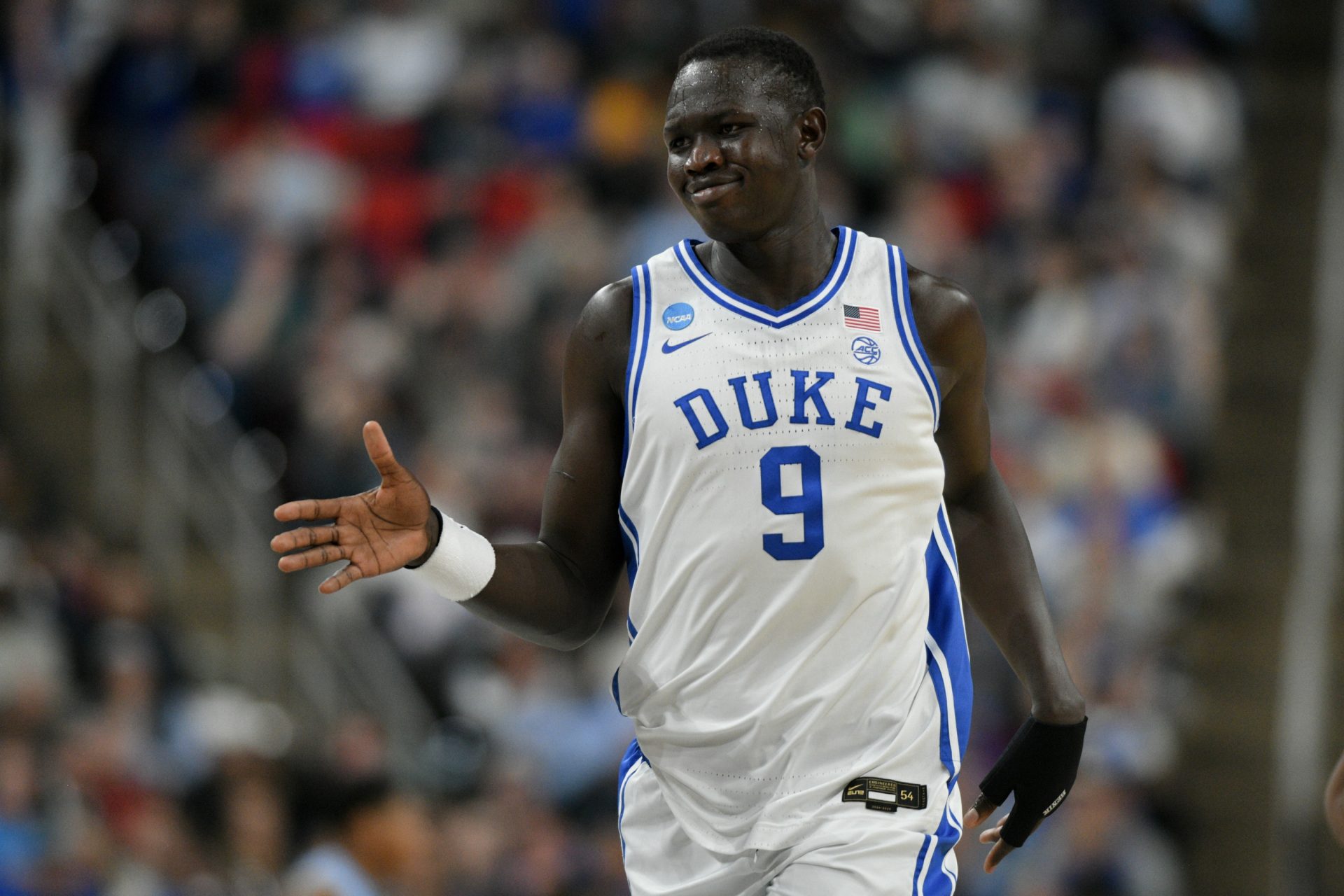 Duke Blue Devils center Khaman Maluach (9) celebrates during the first half against the Mount St. Mary's Mountaineers in the first round of the NCAA Tournament at Lenovo Center.