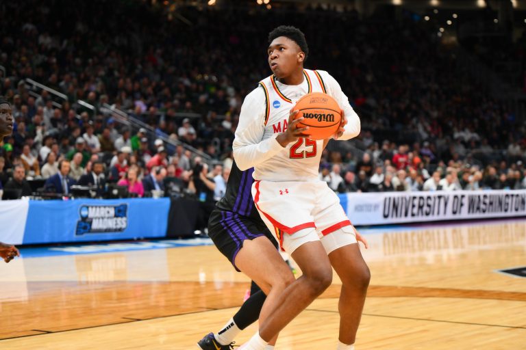 Maryland Terrapins center Derik Queen (25) looks for an open shot during the first half against Grand Canyon Antelopes at Climate Pledge Arena.