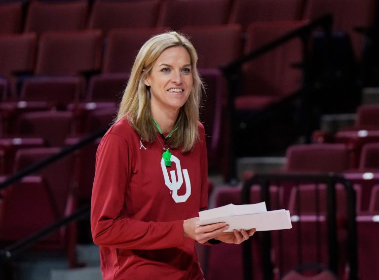 Coach Jennie Baranczyk during Oklahoma practice at NCAA Women's basketball first round at the Lloyd Noble Center on the University of Oklahoma campus in Norman, Oklahoma Friday, March 21, 2025.