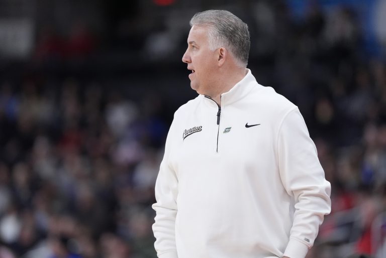 Purdue Boilermakers head coach Matt Painter during the first half of a second round men’s NCAA Tournament game against the McNeese State Cowboys at Amica Mutual Pavilion.