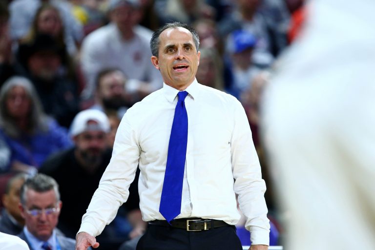 Drake Bulldogs head coach Ben McCollum reacts after a play against the Texas Tech Red Raiders during the first half at Intrust Bank Arena.