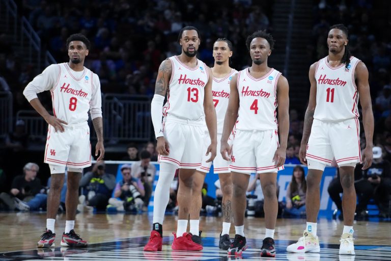 The Houston Cougars looks on during the second half of their game against the Gonzaga Bulldogs at Intrust Bank Arena.