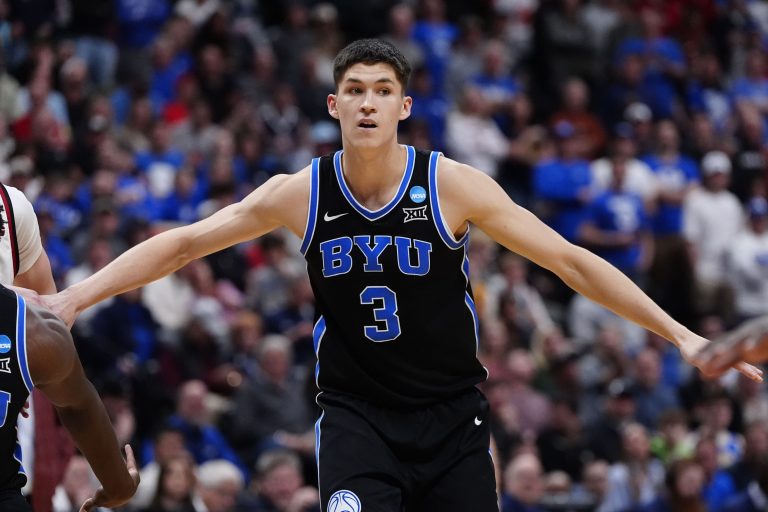 Brigham Young Cougars guard Egor Demin (3) reacts against the Wisconsin Badgers during the second half in the second round of the NCAA Tournament at Ball Arena.