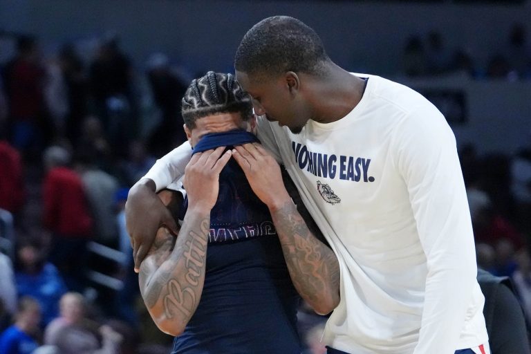 Gonzaga Bulldogs guard Khalif Battle (99) is consoled after their loss to the Houston Cougars at Intrust Bank Arena.