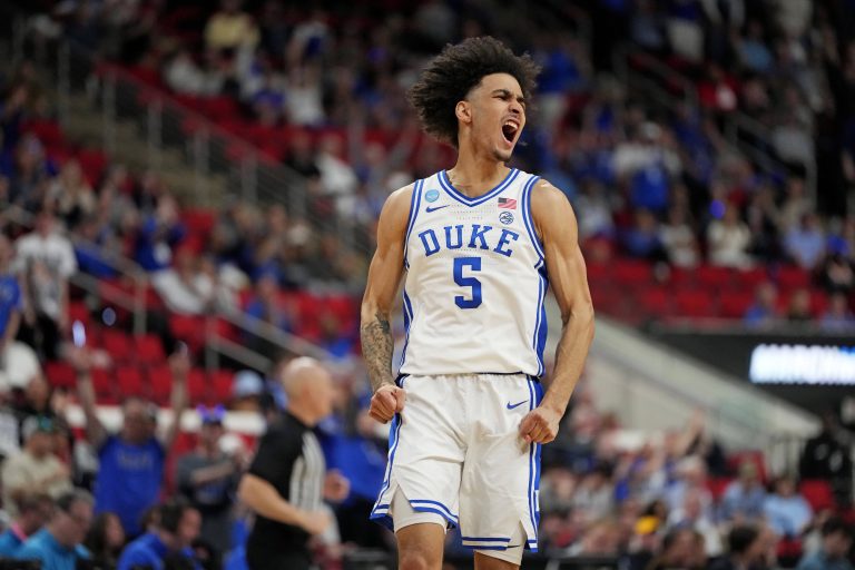 Duke Blue Devils guard Tyrese Proctor (5) reacts after a play against the Baylor Bears during the second half in the second round of the NCAA Tournament at Lenovo Center.