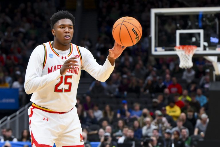 Maryland Terrapins center Derik Queen (25) passes the ball against the Colorado State Rams in the first half at Climate Pledge Arena.