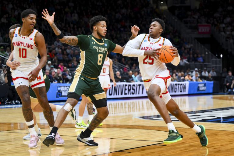 Maryland Terrapins center Derik Queen (25) drives to the basket against Colorado State Rams forward Jaylen Crocker-Johnson (8) in the first half at Climate Pledge Arena.