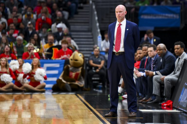 Maryland Terrapins head coach Kevin Willard works the sideline against the Colorado State Rams in the first half at Climate Pledge Arena.