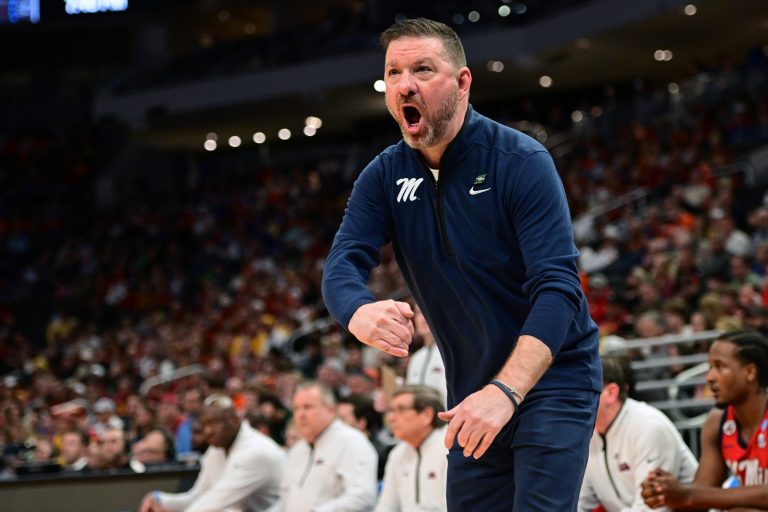Mississippi Rebels head coach Chris Beard reacts during the first half in the second round of the NCAA Tournament against the Iowa State Cyclones at Fiserv Forum.