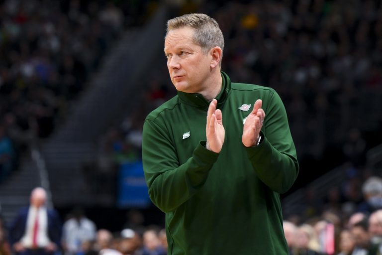 Colorado State Rams head coach Niko Medved reacts against the Maryland Terrapins in the second half at Climate Pledge Arena.