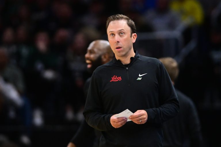 New Mexico Lobos head coach Richard Pitino reacts in the first half against the Michigan State Spartans during the NCAA Tournament Second Round at Rocket Arena.