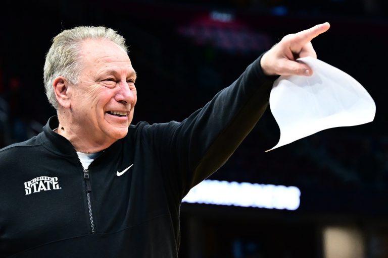 Michigan State Spartans head coach Tom Izzo celebrates after the game against the New Mexico Lobos during the NCAA Tournament Second Round at Rocket Arena.