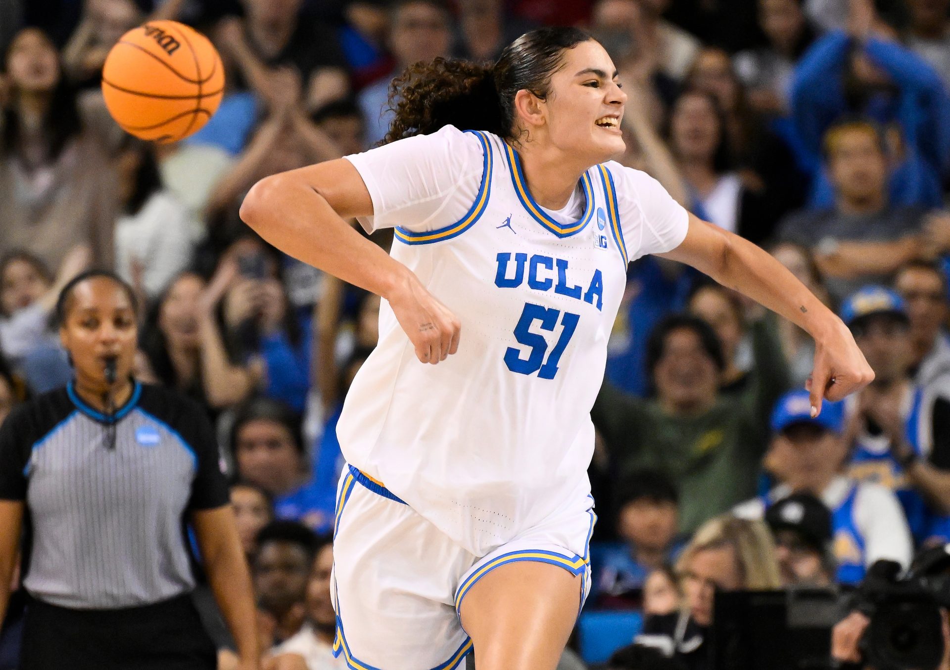 UCLA Bruins center Lauren Betts (51) celebrates scoring a basket in the third quarter against the Richmond Spiders during an NCAA Tournament second round game at Pauley Pavilion presented by Wescom.